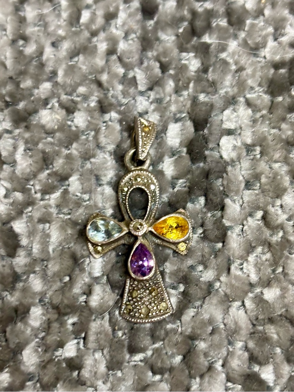 Sterling Silver 925 Multicolor Gemstone Ankh Cross Pendant Necklace - Unbranded